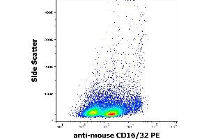 Flow cytometry surface staining pattern of murine splenocyte suspension stained using anti-mouse CD16/32 (93) PE antibody (concentration in sample 5 μg/mL). (CD32/CD16 Antikörper  (PE))