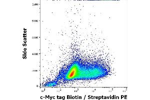 Flow cytometry intracellular staining pattern of LST-1-c-Myc transfected HEK-293 cells stained using anti-c-Myc tag (9E10) Biotin antibody (concentration in sample 5 μg/mL, Streptavidin PE). (Myc Tag Antikörper  (C-Term) (Biotin))
