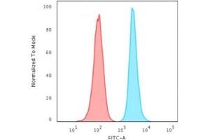 Flow Cytometric Analysis of HeLa cells using Histone H1 Mouse Monoclonal Antibody (1415-1) conjugated to goat anti-Mouse IgG-CF488 (Blue); Isotype Control (Red). (Histone H1 Antikörper)