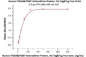 Immobilized Natalizumab at 1 μg/mL (100 μL/well) can bind Human ITGA4&ITGB7 Heterodimer Protein, His Tag&Tag Free (ABIN5954916,ABIN6253569) with a linear range of 4-63 ng/mL (QC tested). (ITGA4/ITGB7 Protein (AA 34-977) (His tag))