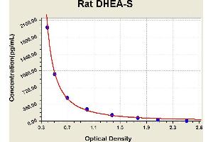 Diagramm of the ELISA kit to detect Rat DHEA-Swith the optical density on the x-axis and the concentration on the y-axis. (Dehydroepiandrosterone Sulfate ELISA Kit)