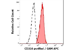 Separation of human lymphocytes (red-filled) from neutrophil granulocytes (black-dashed) in flow cytometry analysis (surface staining) of human peripheral whole blood stained using anti-human CD316 (8A12) purified antibody (concentration in sample 5 μg/mL, GAM APC). (IGSF8 Antikörper)