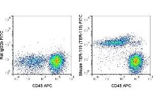 C57Bl/6 bone marrow cells were stained with APC Anti-Mouse CD45 (ABIN6961418) and 0. (Ly76 Antikörper  (FITC))