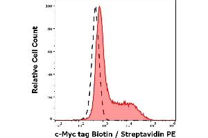 Separation of cells stained using anti-c-Myc tag (9E10) Biotin antibody (concentration in sample 5 μg/mL, Streptavidin PE, red-filled) from cells unstained by primary antibody (Streptavidin PE, black-dashed) in flow cytometry analysis (surface staining) of LST-1-c-Myc transfected HEK-293 cells. (Myc Tag Antikörper  (C-Term) (Biotin))