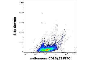 Flow cytometry surface staining pattern of murine splenocyte suspension stained using anti-mouse CD16/32 (93) FITC antibody (concentration in sample 15 μg/mL). (CD32/CD16 Antikörper  (FITC))