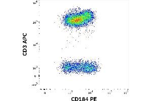 Flow cytometry multicolor surface staining of human peripheral whole blood stained using anti-human CD184 (12G5) PE antibody (10 μL reagent / 100 μL of peripheral whole blood) and anti-human CD3 (UCHT1) APC antibody (10 μL reagent / 100 μL of peripheral whole blood). (CXCR4 Antikörper  (PE))