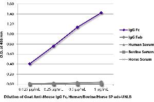 ELISA plate was coated with purified mouse IgG Fc and IgG Fab and human, bovine, and horse serum. (Maus anti-Ziege IgG (Fc Region) Antikörper (Biotin))