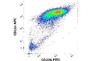 Flow cytometry multicolor surface staining of human stimulated (GM-CSF + IL-4) peripheral blood mononuclear cells stained using anti-human CD206 (15-2) FITC antibody (4 μL reagent per milion cells in 100 μL of cell suspension) and anti-human CD11c (BU15) APC antibody (10 μL reagent per milion cells in 100 μL of cell suspension). (Macrophage Mannose Receptor 1 Antikörper  (FITC))