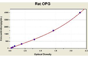 Diagramm of the ELISA kit to detect Rat OPGwith the optical density on the x-axis and the concentration on the y-axis. (Osteoprotegerin ELISA Kit)