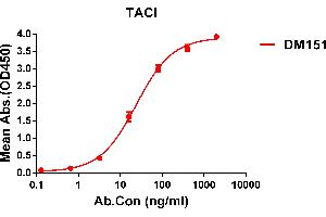 ELISA plate pre-coated by 1 μg/mL (100 μL/well) Human TACI protein, hFc tagged protein ((ABIN6964073, ABIN7042401 and ABIN7042402)) can bind Rabbit anti-TACI monoclonal antibody(clone: DM151) in a linear range of 5-100 ng/mL. (TACI Antikörper  (AA 2-166))