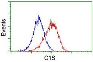 Flow cytometric Analysis of Hela cells, using anti-C1S antibody (ABIN2455522), (Red), compared to a nonspecific negative control antibody, (Blue). (C1S Antikörper)