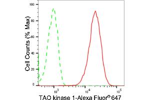 Flow cytometric analysis of TAO kinase 1 expression in HepG2 cells using TAO kinase 1 antibody (ABIN7800509), 1:2,000). (Rekombinanter TAO Kinase 1 (TAOK1) Antikörper)