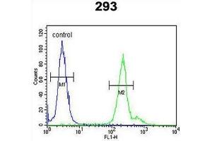 GPM6A Antibody (C-term) flow cytometric analysis of 293 cells (right histogram) compared to a negative control cell (left histogram).