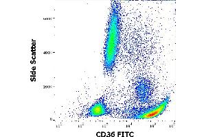 Flow cytometry surface staining pattern of human peripheral whole blood stained using anti-human CD36 (CB38) FITC antibody (4 μL reagent / 100 μL of peripheral whole blood).