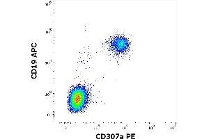 Flow cytometry multicolor surface staining of human lymphocytes stained using anti-human CD307a(E3) PE antibody (10 μL reagent / 100 μL of peripheral whole blood) and anti-human CD19 (4G7) APC antibody (10 μL reagent / 100 μL of peripheral whole blood). (FCRL1 Antikörper  (PE))