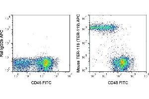 C57Bl/6 bone marrow cells were stained with FITC Anti-Mouse CD45 (ABIN6961266) and 0. (Ly76 Antikörper  (APC))