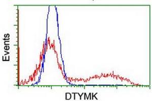 HEK293T cells transfected with either RC201228 overexpress plasmid (Red) or empty vector control plasmid (Blue) were immunostained by anti-DTYMK antibody (ABIN2454999), and then analyzed by flow cytometry. (DTYMK Antikörper)