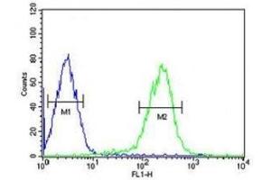 SMAD6 antibody flow cytometric analysis of HepG2 cells (right histogram) compared to a negative control (left histogram).