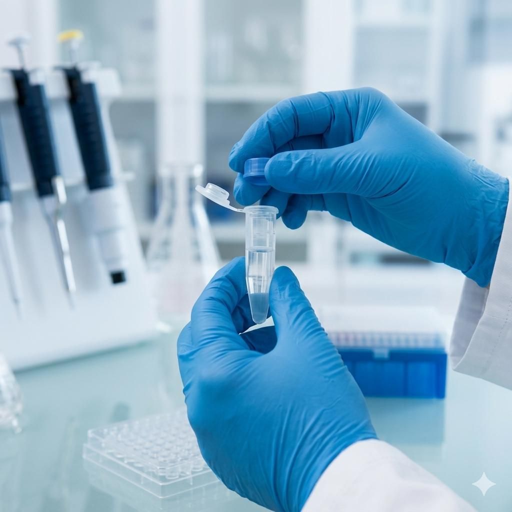 Nahaufnahme eines Life-Science-Forschers in blauen Handschuhen beim Öffnen eines Mikrozentrifugenröhrchens mit hochreinen Zielproteinen zur Assay-Validierung.